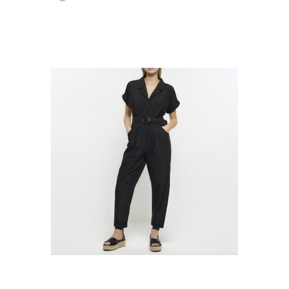 Monteau Los Angeles Tortoise Look Belt Womens Black Short Sleeve Jumpsuit Size L - Picture 1 of 16